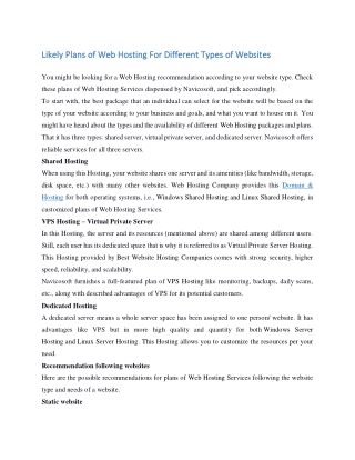 Likely Plans of Web Hosting For Different Types of Websites