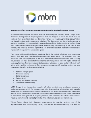 MBM Omega Offers Document Management & Shredding Services from MBM Omega