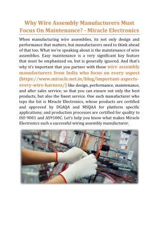 Why Wire Assembly Manufacturers Must Focus On Maintenance - Miracle Electronics