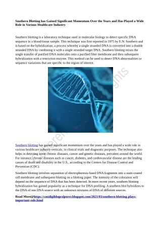 Southern Blotting has Gained Significant Momentum Over the Years and Has Played a Wide Role in Various Healthcare Indust