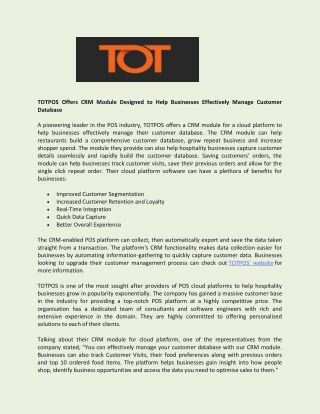 TOTPOS Offers CRM Module Designed to Help Businesses Effectively Manage Customer Database