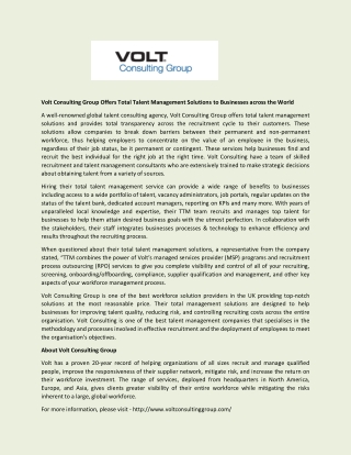 Volt Consulting Group Offers Total Talent Management Solutions to Businesses across the World
