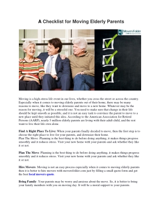 Checklist for Moving Elderly Parents