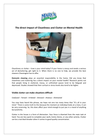 The direct Impact of Cleanliness and Clutter on Mental Health