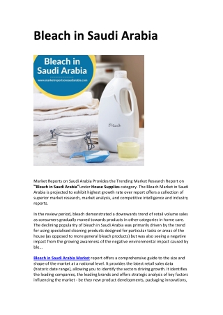 Bleach in Saudi Arabia: Market Growth, Opportunity and Forecast 2025