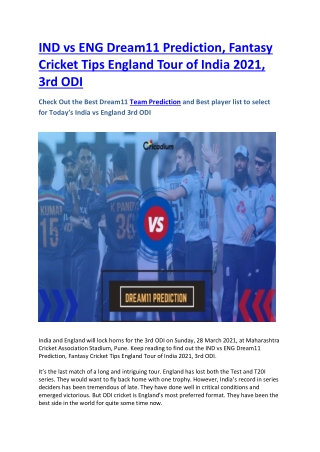 IND vs ENG Dream11 Prediction, Fantasy Cricket Tips England Tour of India 2021, 3rd ODI