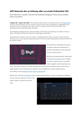 SHFT Networks lists on UniSwap after successful Polkastarter IDO