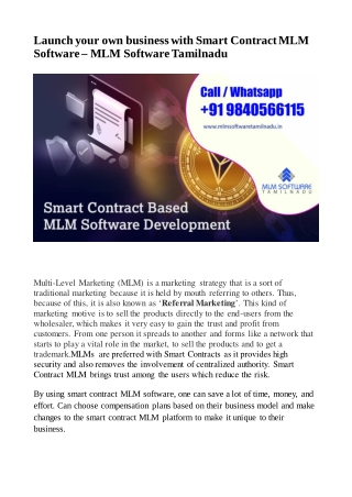 Launch your own business with Smart Contract MLM Software – MLM Software Tamilnadu