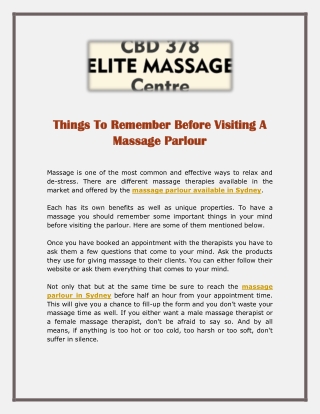 Things To Remember Before Visiting A Massage Parlour