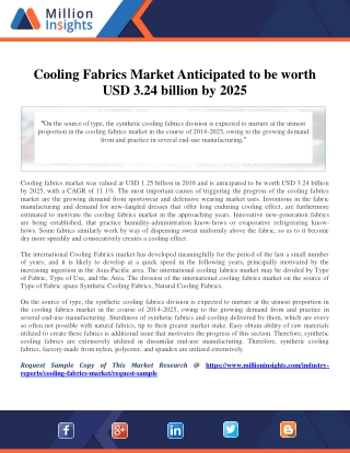 Cooling Fabrics Market Anticipated to be worth USD 3.24 billion by 2025