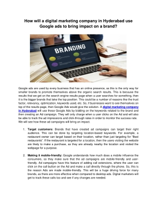 How will a digital marketing company in Hyderabad use Google ads to bring impact on a brand?