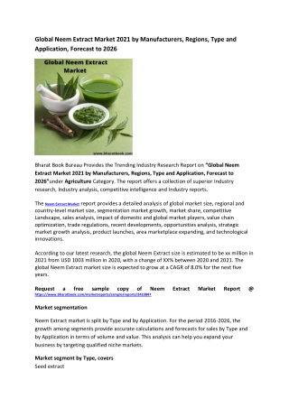 Global Neem Extract Market 2021 by Manufacturers, Regions, Type and Application, Forecast to 2026