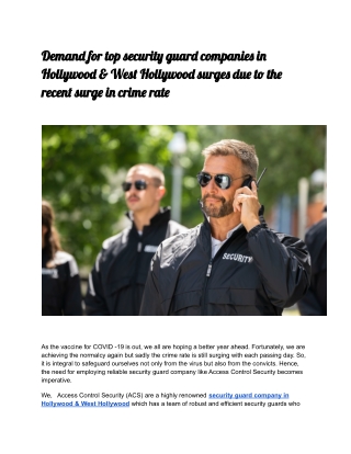 Demand for top security guard companies in Hollywood & West Hollywood surges due to the recent surge in crime rate