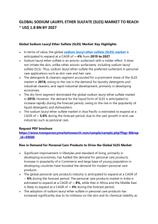 GLOBAL SODIUM LAURYL ETHER SULFATE (SLES) MARKET TO REACH ~ US$ 1.8 BN BY 2027