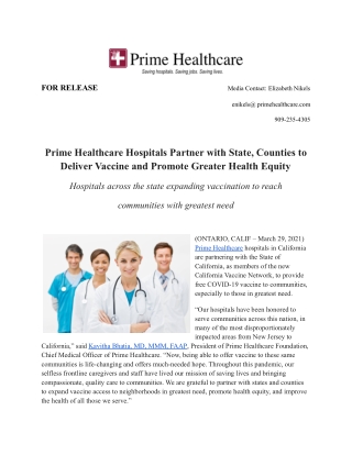 Prime Healthcare Hospitals Partner with California to Deliver Vaccine and Promote Greater Health Equity