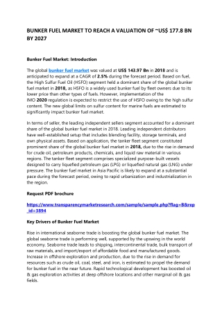 BUNKER FUEL MARKET TO REACH A VALUATION OF ~US$ 177.8 BN BY 2027