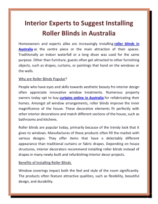 Interior Experts to Suggest Installing Roller Blinds in Australia