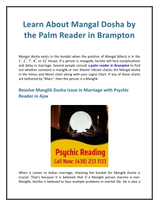 Learn About Mangal Dosha by the Palm Reader in Brampton