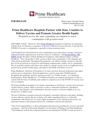 Prime Healthcare Hospitals Partner with California to Deliver Vaccine and Promote Greater Health Equity