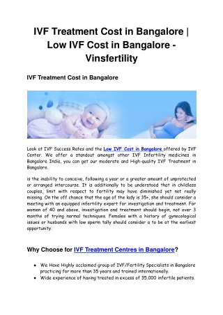 IVF Treatment Cost in Bangalore | Low IVF Cost in Bangalore - Vinsfertility