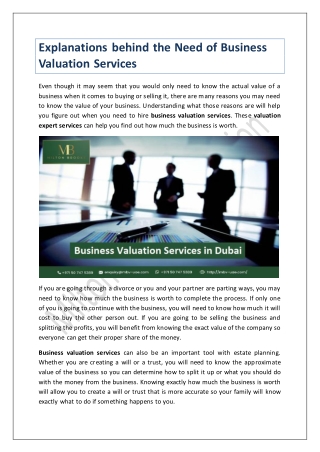 Explanations behind the Need of Business Valuation Services