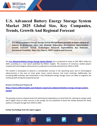 U.S. Advanced Battery Energy Storage System Market Drivers, Competitive Landscape, Future Plans And Trends By Forecast 2