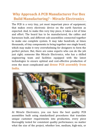 Why Approach A PCB Manufacturer For Box Build Manufacturing - Miracle Electronics