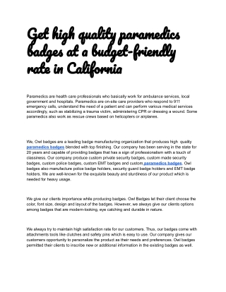 Get high quality paramedics badges at a budget-friendly rate in California