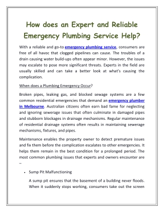 How does an Expert and Reliable Emergency Plumbing Service Help?