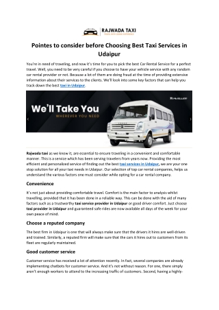 Pointes to consider before Choosing Best Taxi Services in Udaipur