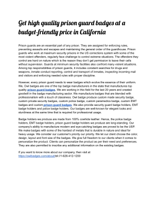 Get high quality prison guard badges at a budget-friendly price in California