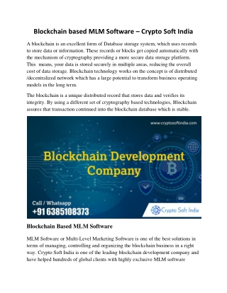 Blockchain based MLM Software – Crypto Soft India