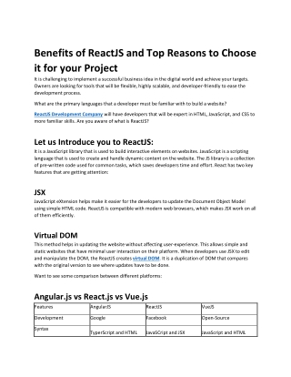 Benefits of ReactJS and Top Reasons to Choose it for your Project