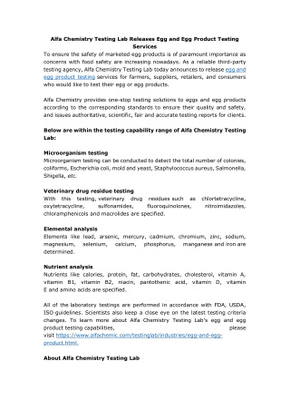 Alfa Chemistry Testing Lab Releases Egg and Egg Product Testing Services