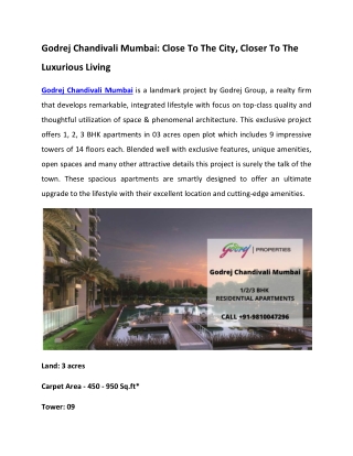 Godrej Chandivali Mumbai - A Step Closer To Luxurious Living