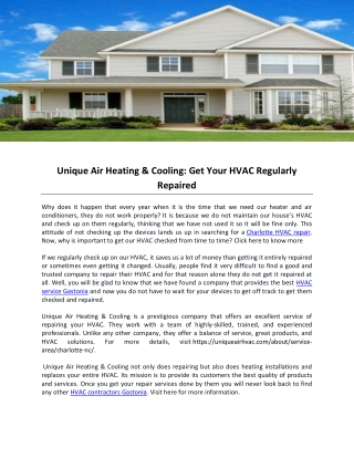 Unique Air Heating & Cooling: Get Your HVAC Regularly Repaired
