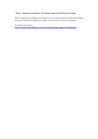 Repair - Appliance Installation  & Garbage Disposal Installation San Diego
