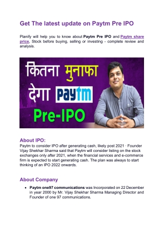 Latest update about Paytm Pre IPO