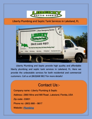 Liberty Plumbing and Septic Tank Services in Lakeland, FL