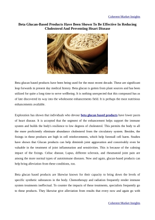 Beta Glucan Based Products Are Proving To Be Effective In Combating High Cholesterol And Heart Diseases