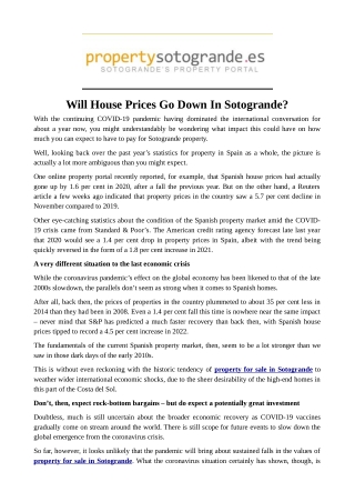 Will House Prices Go Down In Sotogrande?
