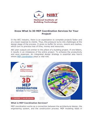 Know What Is 3D MEP Coordination Services for Your Project!