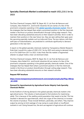 Specialty Chemicals Market is estimated to reach US$1,210.1 bn by 2023