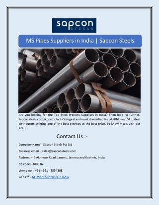 MS Pipes Suppliers in India | Sapcon Steels