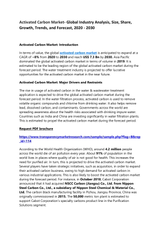 Activated Carbon Market- Global Industry Analysis, Size, Share, Growth, Trends, and Forecast, 2020 - 2030