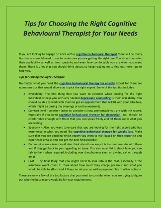 Tips for Choosing the Right Cognitive Behavioural Therapist for Your Needs