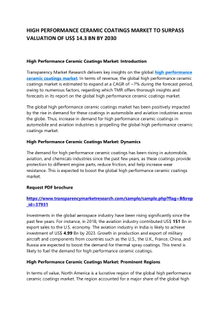 HIGH PERFORMANCE CERAMIC COATINGS MARKET TO SURPASS VALUATION OF US$ 14.3 BN BY 2030