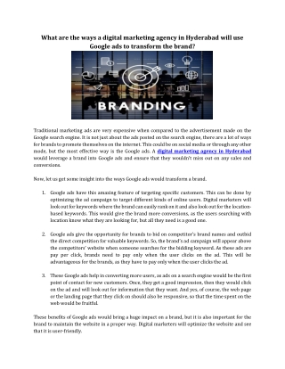 What are the ways a digital marketing agency in Hyderabad will use Google ads to transform the brand?