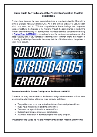 Quick Guide To Troubleshoot the Printer Configuration Problem 0x80004005