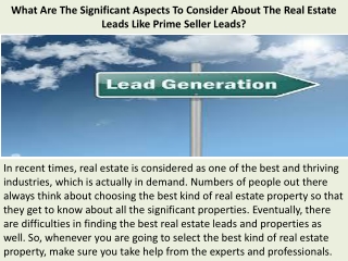 What Are The Significant Aspects To Consider About The Real Estate Leads Like Prime Seller Leads?